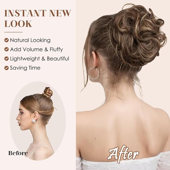 Human Hair Messy Bun Hair Piece Wavy Dark Brown Elegant Updo Accessory main image 6